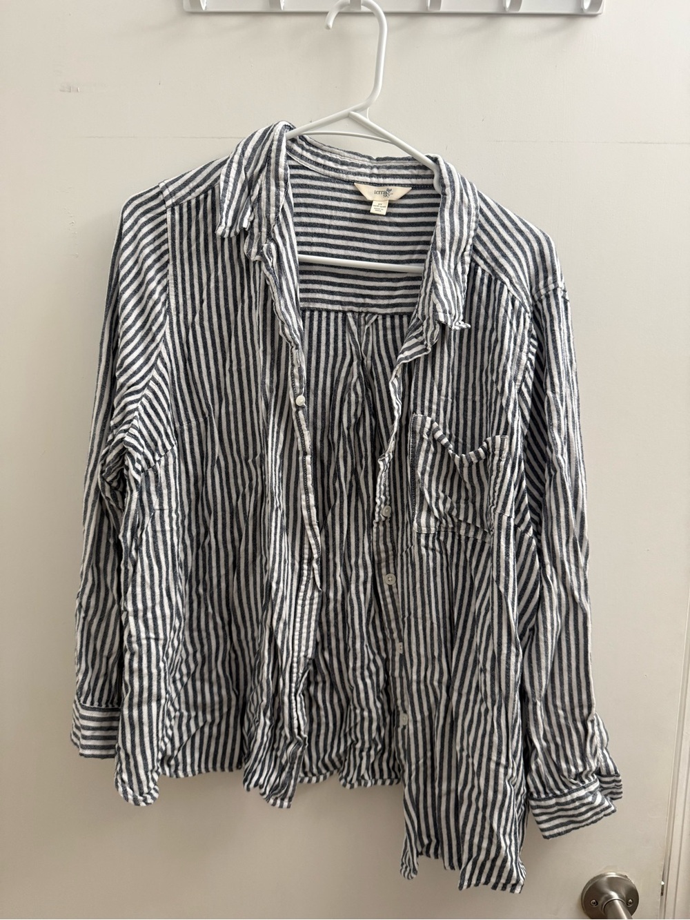 Terra & Sky Navy and White Vertical Stripe Button-Down Top
